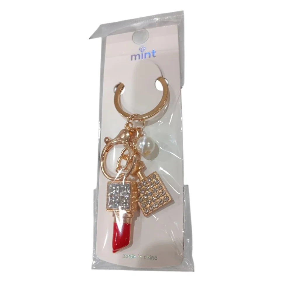 Rhinestone Lipstick, Perfume Bottle, Pearl Bling Keychain Purse Charm Red & Gold